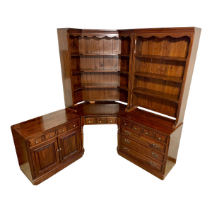 1980s Kling Colonial Country Hearth Distressed Solid Pine Den Desk Dresser Cabinet Bookshelf Set
