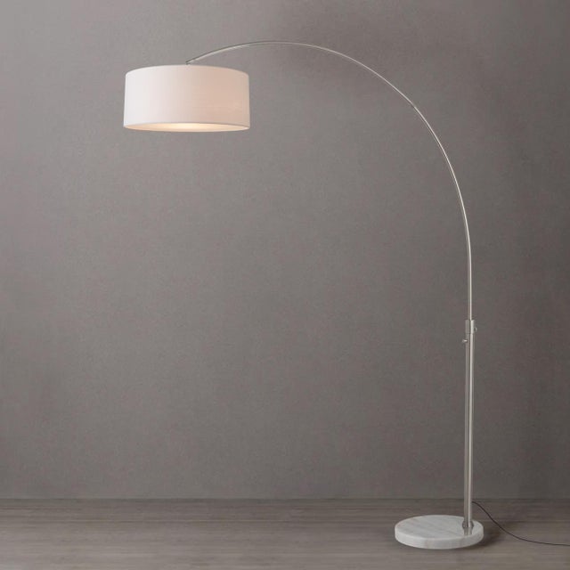 Mid-Century Modern 1960s Morelli Float Floor Lamp - 92" Mid Century Modern Arc Lamp, Satin Nickel Finish, White Linen Shade, White Marble Base For Sale - Image 3 of 4