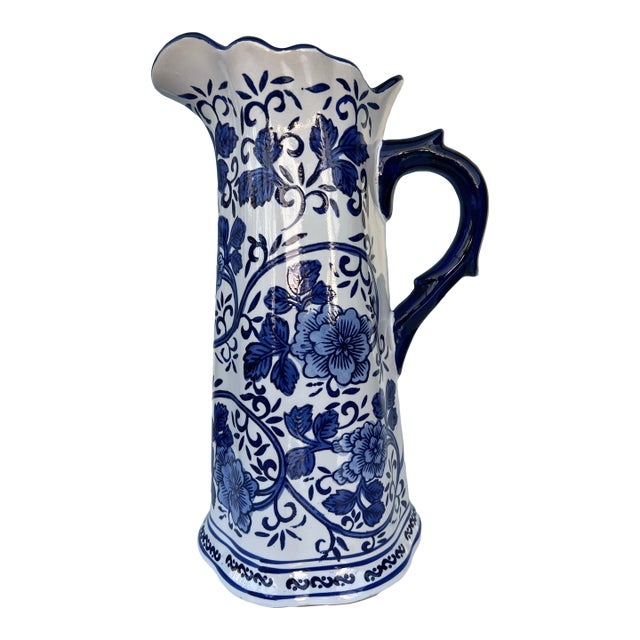 Vintage Porcelain Blue & White Pitcher/ Vase For Sale