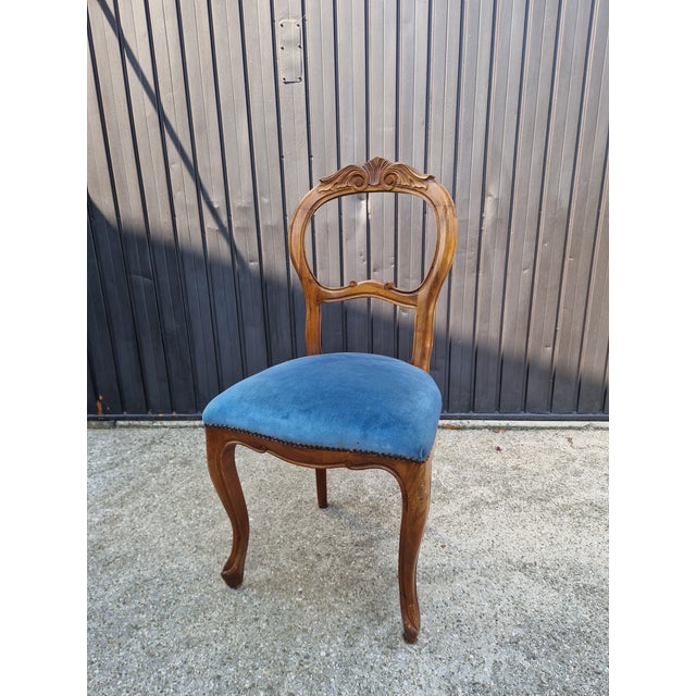 Blue Louis Philippe Chairs in Walnut and Blue Velvet, 1950s, Set of 5 For Sale - Image 8 of 15