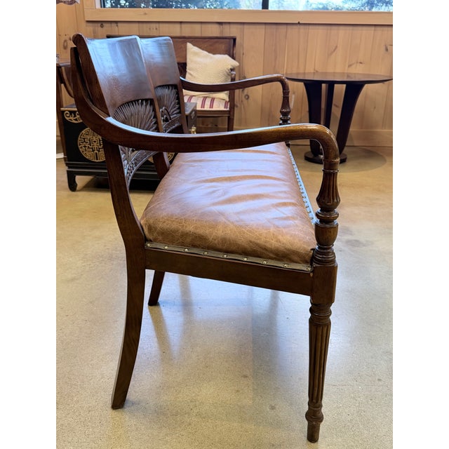 Traditional 1940s Mahogany Sunburst Carved Leather Settee For Sale - Image 3 of 9