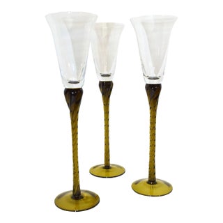 Late 20th Century Vintage Monumental Forest Green Stem Wine Glasses- Set of 3 For Sale