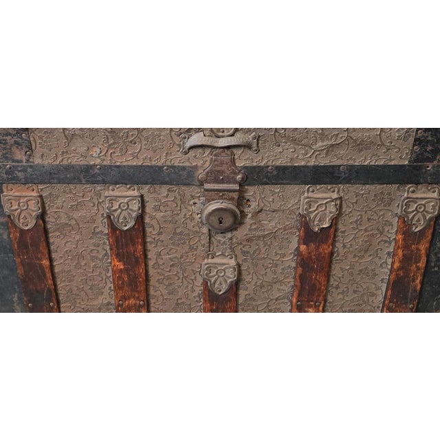 Victorian Monumental Victorian Dome Top Steamer Trunk With Rare Floral Embossed Tin and Pony Express Wichita Kansas Label For Sale - Image 3 of 13