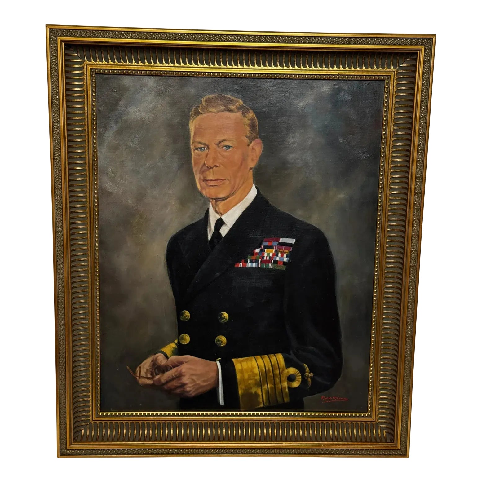 British Oil Painting Royal Portrait Monarch King George VI in Naval Uniform  C1950 Framed | Chairish
