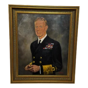 British Oil Painting Royal Portrait Monarch King George VI in Naval Uniform C1950 Framed