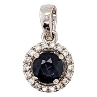 Ceylon Blue Sapphire Pendant With Natural Diamond Halo: Solid 14k Gold Round 4mm For Sale