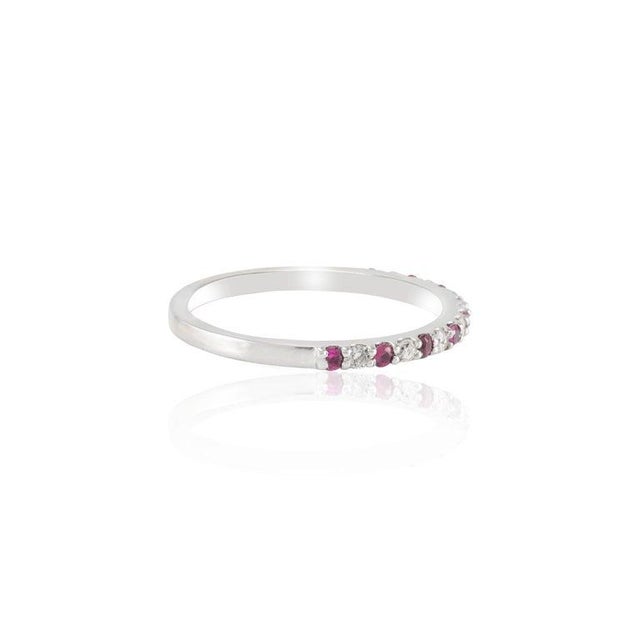 Metal Ruby Half Eternity Band 18k Solid White Gold Dainty Stackable Ring Size 7 For Sale - Image 7 of 8