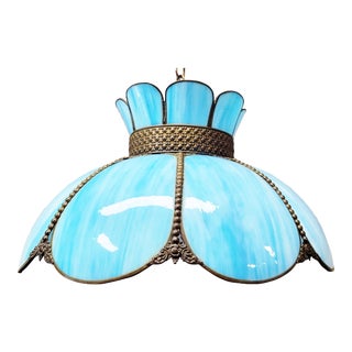 Vintage Mid-Century Victorian Style Blue Slag Glass Hanging Shade Chandelier For Sale