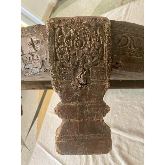 Large Antique Grinder Tribal Teak Hand Carved Wood Chakki Table or Ottoman For Sale - Image 4 of 12