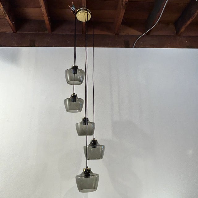 Metal 1970s Adjustable European Brass and Glass Chandelier For Sale - Image 7 of 8