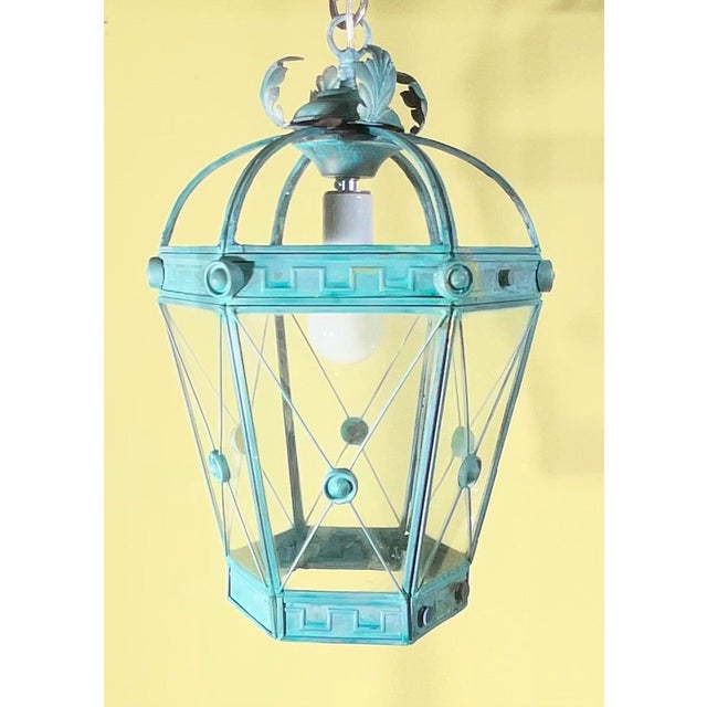 1980s Vintage Style Solid Brass Verdigris Hanging Lantern - Restored & Rewired For Sale - Image 5 of 14