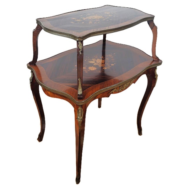 Antique French Louis XV Floral Inlay Rosewood & Bronze Double Tier Dessert Table For Sale In New York - Image 6 of 15