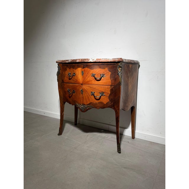 Antique French Louis XV Style Marquetry Commode with Marble Top For Sale - Image 3 of 6