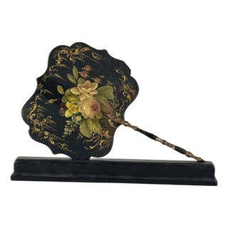 Handheld Victorian Paper Mache Fire Screen With Floral Design, Circa 1880, Comes With Wood Stand For Sale