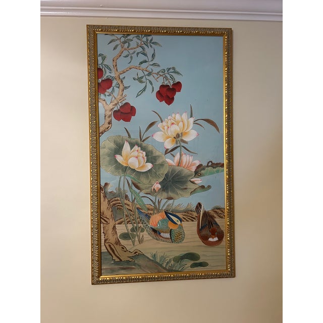 Chinoiserie 1990s Chinoiserie Oil on Silk Painting of Birds With Lotus Blooms by Chelsea - a Pair For Sale - Image 3 of 18