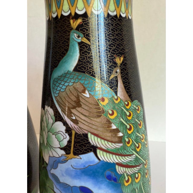 Chinoiserie Pair of Asian Cloisonné Peacock and Peony Vases For Sale - Image 3 of 12