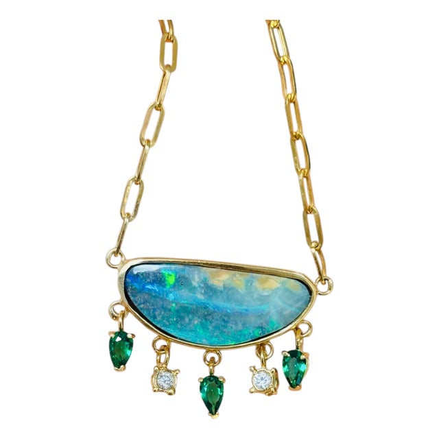 14k Gold Australian Opal Necklace With Emeralds & Diamonds For Sale