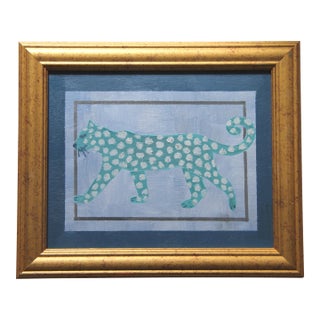 Leopard Tiffany Blue Gray Slate Blue Navy Minimalism Folk Art Abstract Original Oil Painting by Cleo Plowden For Sale