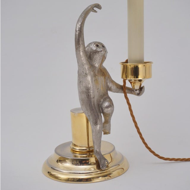 Hollywood Regency 1970's Italian Surrealist Monkey Candlestick Table Lamp by Hauy Pouigo, Signed, Silver Plated Bronze & Brass - Rewired For Sale - Image 3 of 14