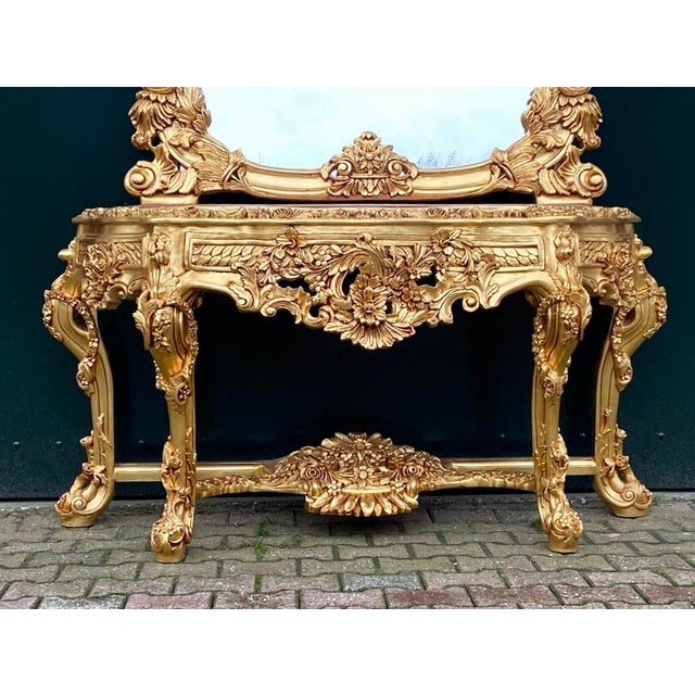 1970s Italian Baroque Gilt Beech Pink Marble Console & Mirror – 2 Pc For Sale - Image 6 of 18