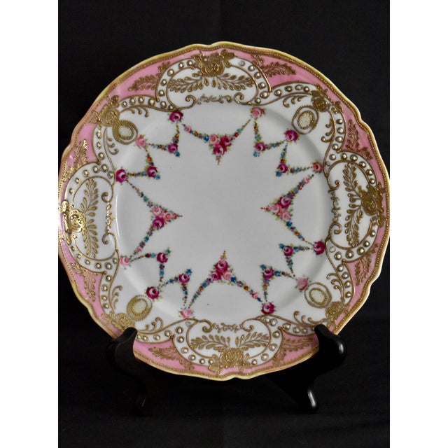 Antique Painted Porcelain Plate Nippon Encrusted Gold Pink Rose Garlands For Sale - Image 11 of 15