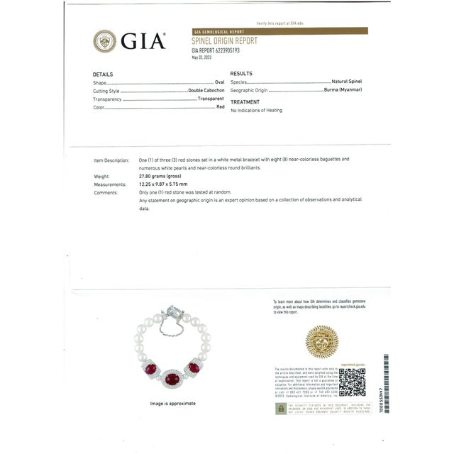 GIA Certified Burma No Heat Natural Spinel & Diamond & Pearl Bracelet, 18KWG For Sale - Image 18 of 18