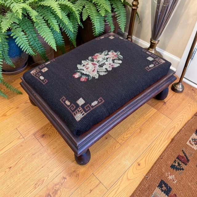 Antique Victorian Embroidered Mahogany Footstool For Sale - Image 6 of 10