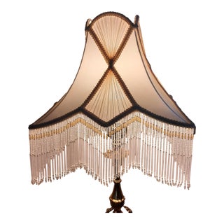 Antique Silk Fringe Beaded Lampshade Pearl Glass For Sale