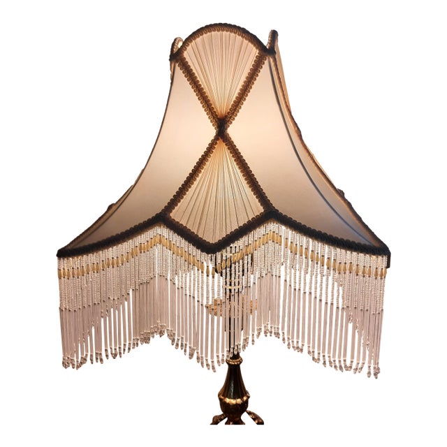 Antique Silk Fringe Beaded Lampshade Pearl Glass For Sale