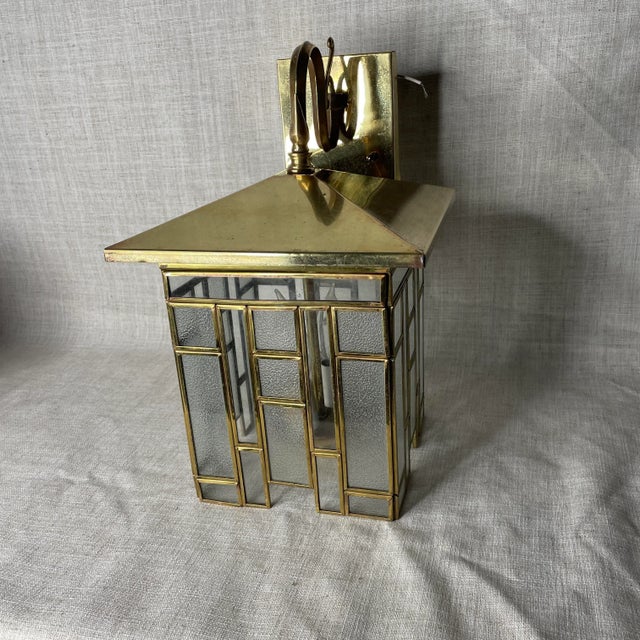 Metal Arts and Crafts Style Polished Brass and Glass Lantern in the Manner of Gustav Stickley For Sale - Image 7 of 9