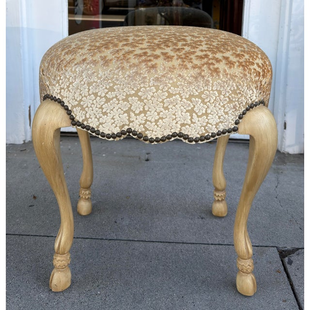 Minton Spidell Designer Hoof Leg Footstool Ottoman. Freshly Upholstered in Nancy Corzine Silk Cut Velvet.