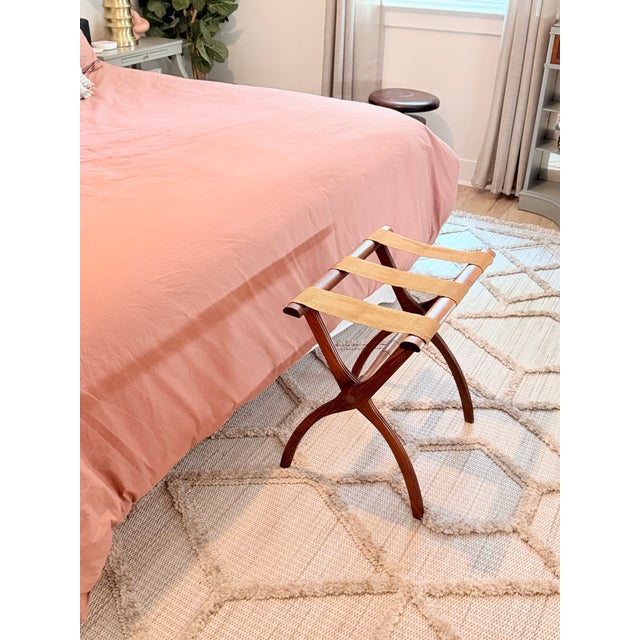 Mid 20th Century Vintage Campaign Style Folding Walnut Luggage Rack With Woven Straps For Sale - Image 5 of 5