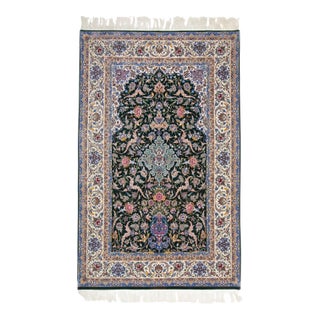 Vintage Zabihi Collection Silk Warp Green Persian Isfahan Prayer Rug - 5'3" x 8'5" For Sale