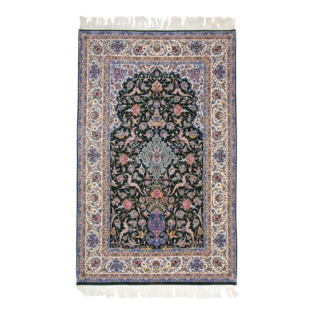 Vintage Zabihi Collection Silk Warp Green Persian Isfahan Prayer Rug - 5'3" x 8'5" For Sale