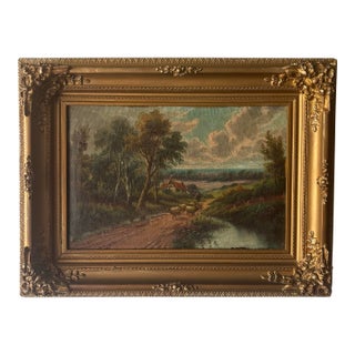 Antique British Countryside Oil Painting in the Manner of E. Horton, Gilt Frame For Sale