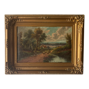 Antique British Countryside Oil Painting in the Manner of E. Horton, Gilt Frame