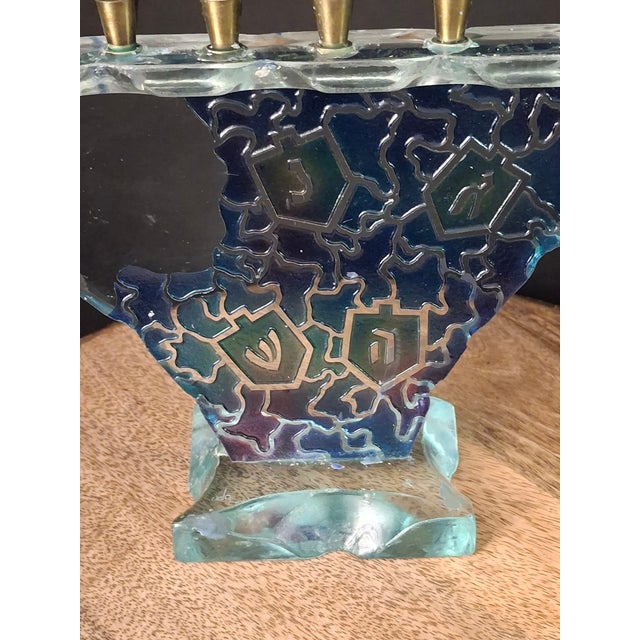 Metal Late 20th Century Signed Uda Yehuda Parmat Studio Art Glass Menorah Iridescent Fused Dreidel For Sale - Image 7 of 17