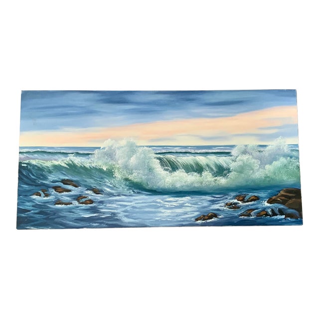 Sunset Ocean Waves Rectangular Seascape Original Acrylic Canvas