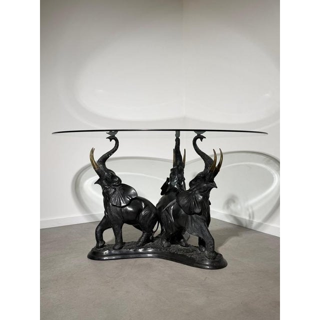 Hollywood Regency Vintage Bronze Elephant Trio Coffee Table with Round Beveled Glass Top For Sale - Image 3 of 8