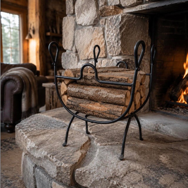 Sculptural black wrought-iron firewood holder featuring a folding X-frame, gracefully arched sides, and four elongated...