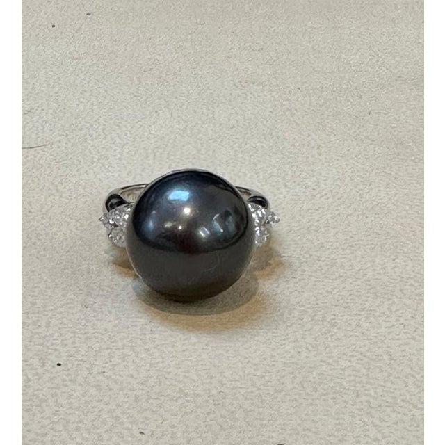 15MM Round Black Tahitian Pearl & Diamond Platinum Ring Size 5.5 For Sale - Image 18 of 18