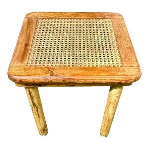 Solid Wood, End Table With Rattan-Woven Top