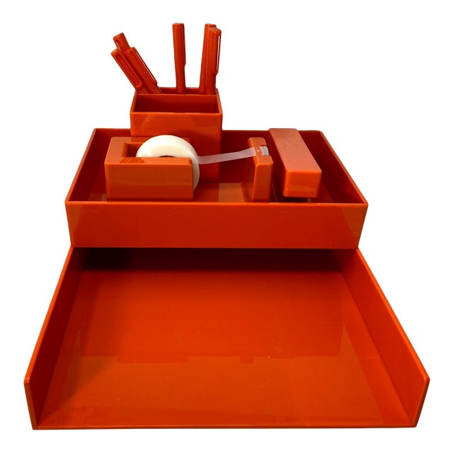 Orange Lucite Complete Stackable Office Desk Accessory Set Collection