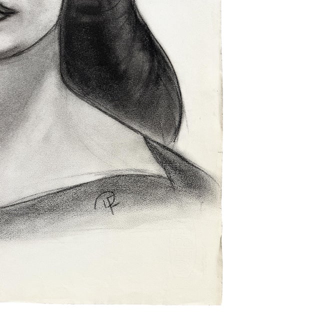 Mid-Century Modern MCM Charcoal Portrait Drawing of a Woman With Side-Swept Curls - 1950s Signed For Sale - Image 3 of 8