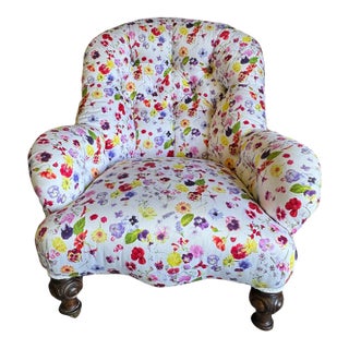 Antique French Napoleon III Tufted Club Chair in Vibrant Pansy Floral – Robust Turned Legs For Sale