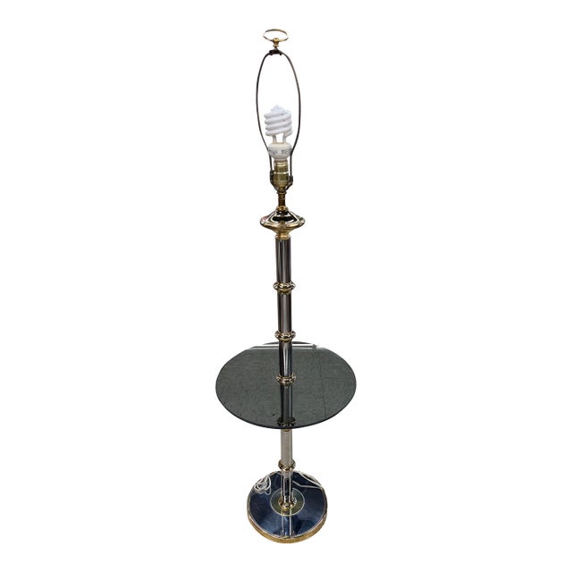 Vintage Mid Century Modern Chrome & Brass Floor Lamp Glass Table Hollywood Regency Faux Bamboo For Sale