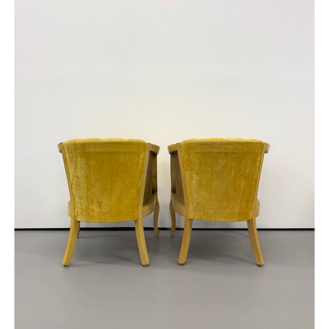 Wood Vintage Cane & Tufted Velvet Barrel Chairs - Pair For Sale - Image 7 of 7