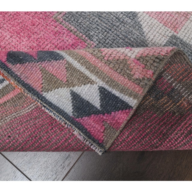 Pink Vintage Pink Geometric Turkish Hand-Knotted Runner For Sale - Image 8 of 9