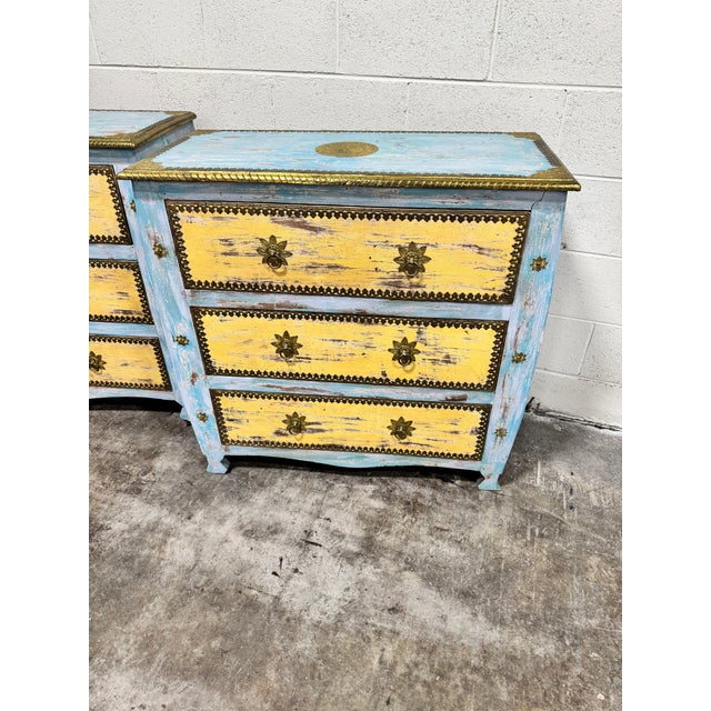 Boho Coastal Vintage Painted Chests Brass Detail - A Pair For Sale - Image 10 of 12