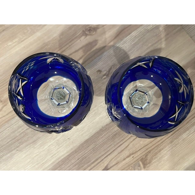 Mid-Century Modern Pair of Bohemian Traube Nachtmann Cobalt Blue Cut Crystal Wine Glasses For Sale - Image 3 of 10